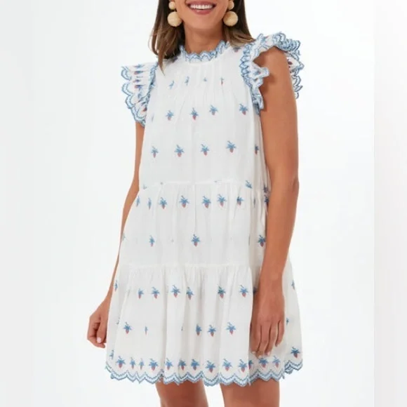 Sea New York Cream Renee Embroidered Strawberry Dress L 100% Cotton - Picture 1 of 8